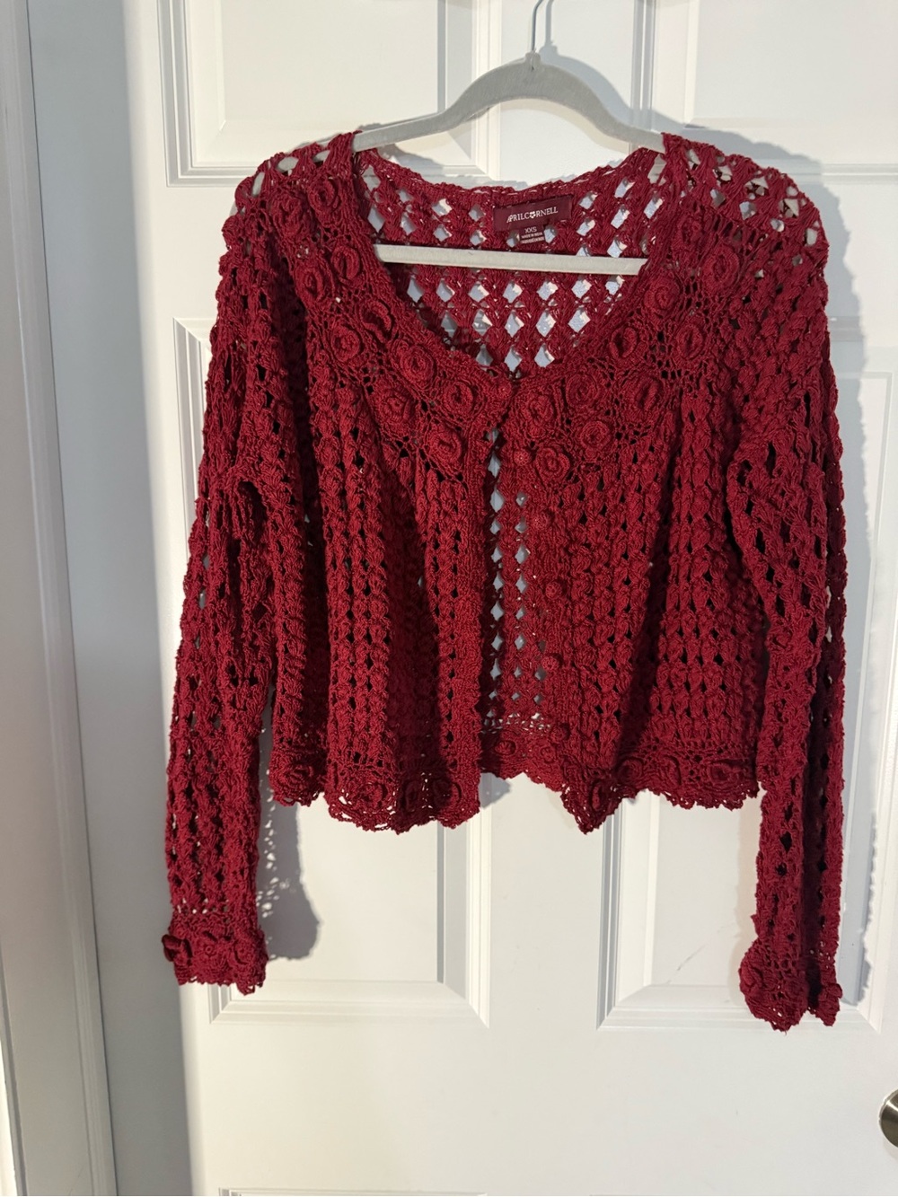 April Cornell Wine Red Open Knit Crochet Rosette Cardigan Sweater XXS